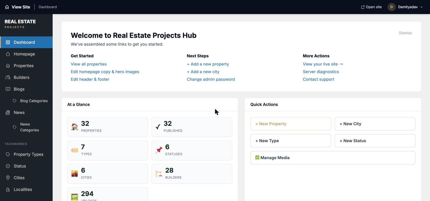 Custom CMS admin dashboard showing at-a-glance counts of 32 properties, 32 published, 6 cities, 28 builders, 294 uploads with quick actions