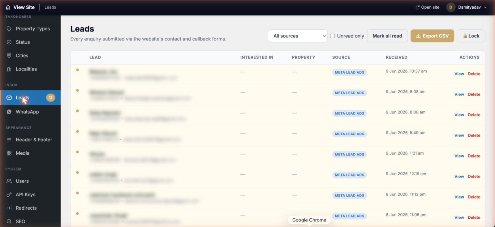 Custom admin panel showing the leads inbox with enquiries auto-imported from Meta Lead Ads, source-tagged, with CSV export