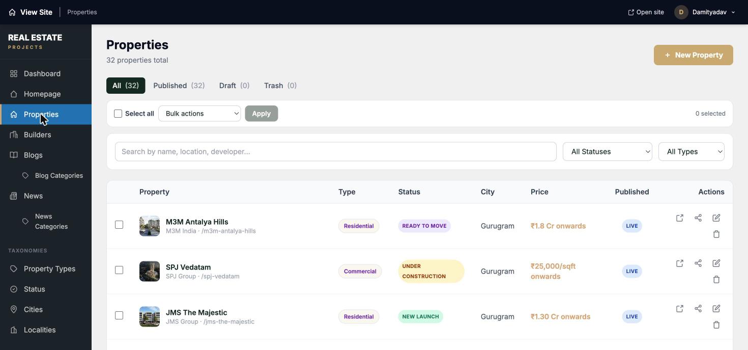 Admin properties list showing 32 properties with type, status, city, price and published state, plus search and bulk actions