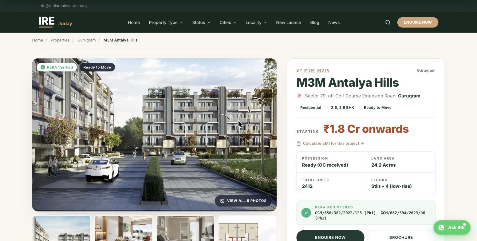 M3M Antalya Hills property detail page with image gallery, pricing, possession, land area, total units, floors and RERA registration numbers