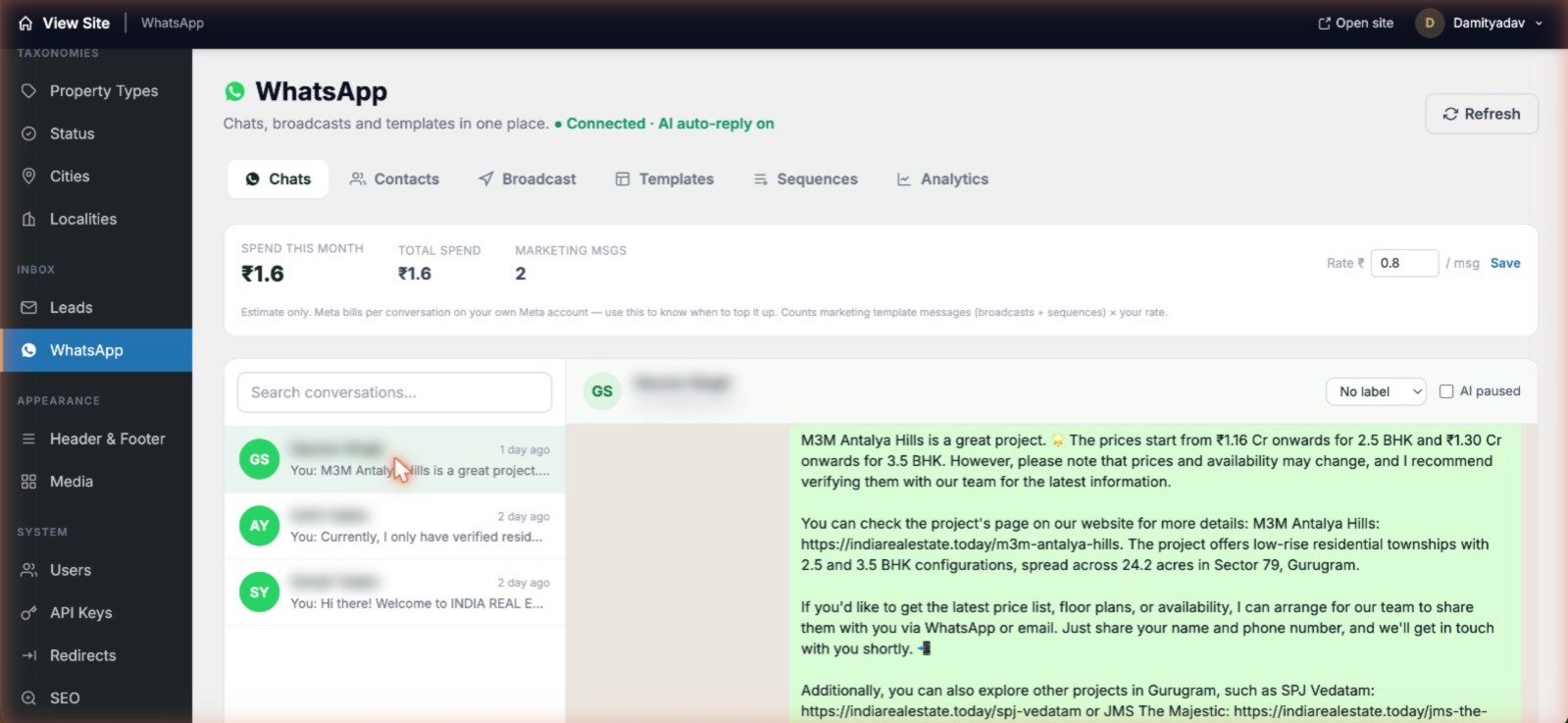 Two-way WhatsApp chat inside the admin with the AI assistant replying to a buyer and a one-tap pause toggle