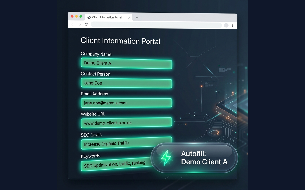 Floating Autofill widget appearing over a Client Information Portal form, filling fields for Demo Client A