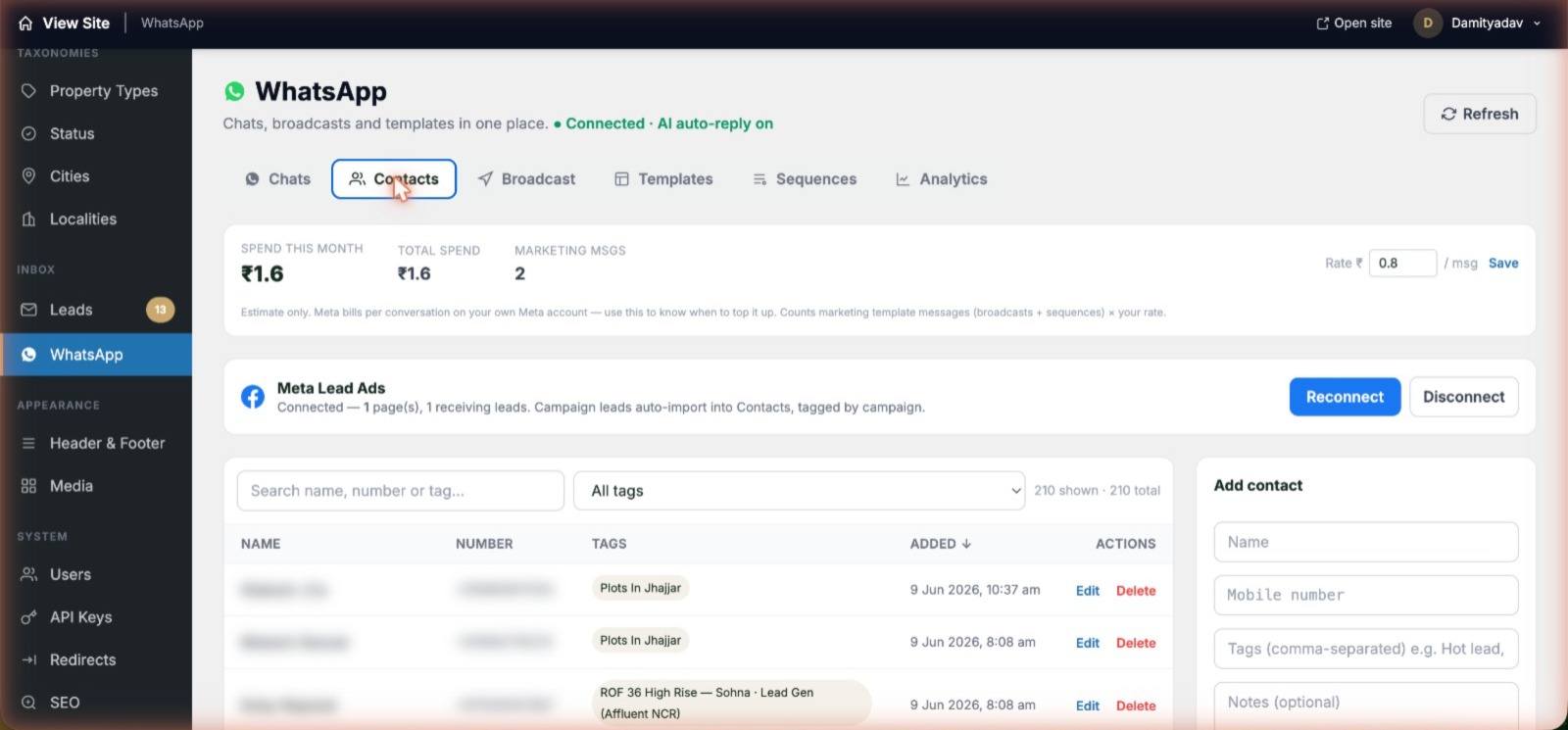 WhatsApp Contacts tab showing Meta Lead Ads connected and 210 contacts auto-imported and tagged by campaign