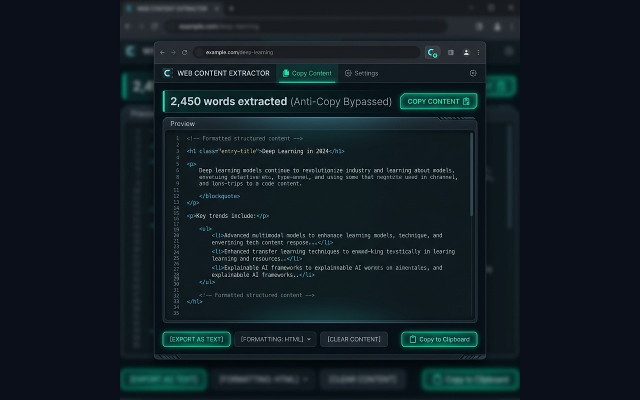 Web Content Extractor showing 2,450 words extracted from a copy-protected page with anti-copy bypassed and an HTML preview
