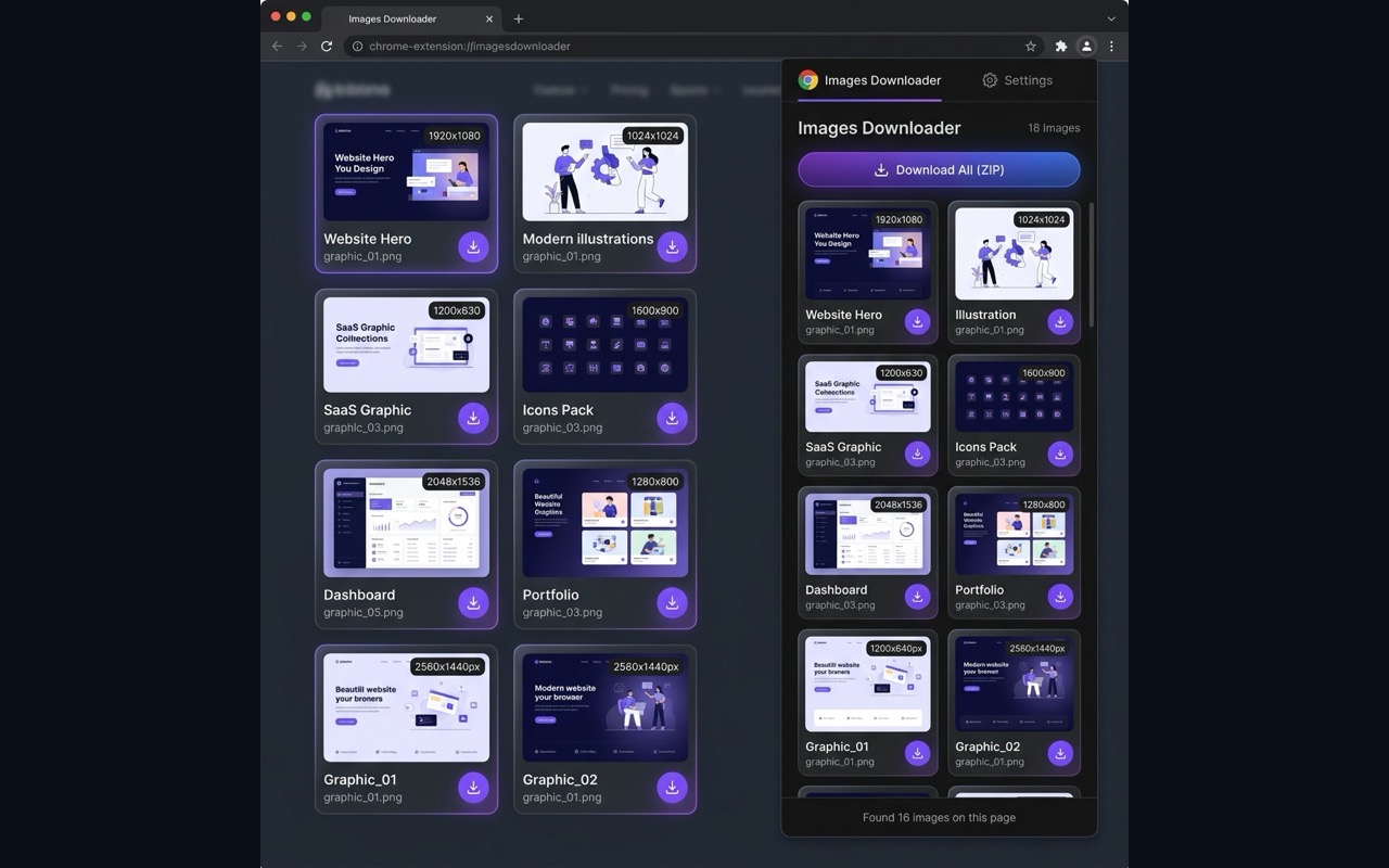 Images Downloader showing a gallery of 18 page images with a Download All as ZIP button