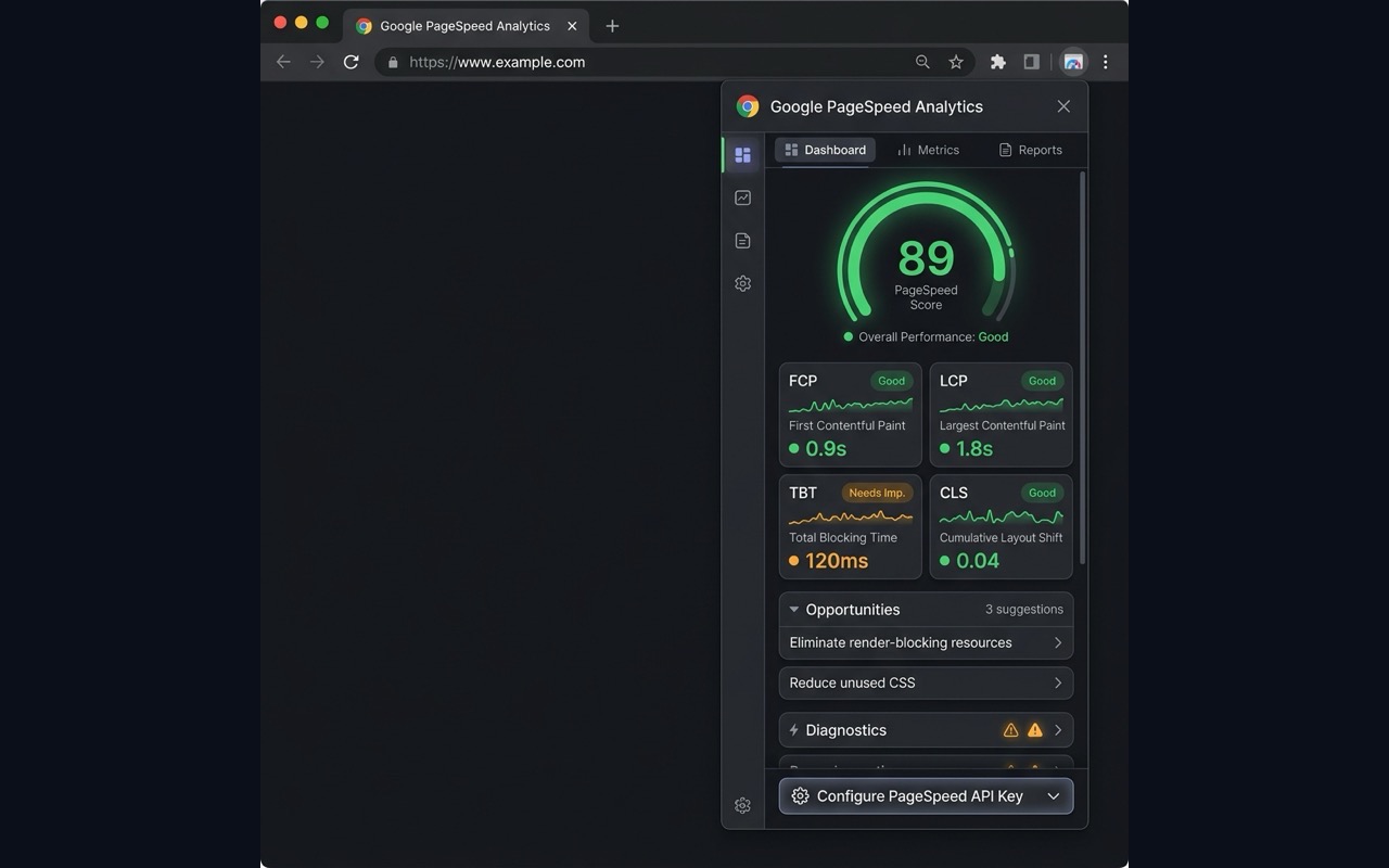 Google PageSpeed Analytics dashboard showing an 89 score with FCP, LCP, TBT and CLS Core Web Vitals