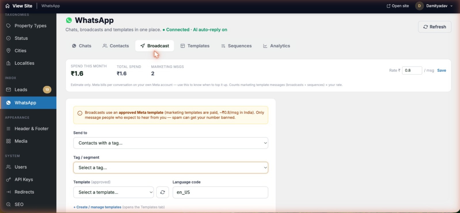 Broadcast composer sending an approved template to contacts filtered by tag