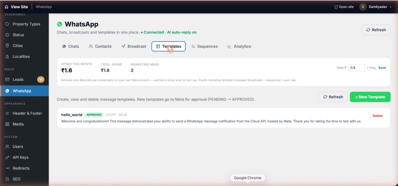 WhatsApp Templates manager showing approved Meta message templates with status badges